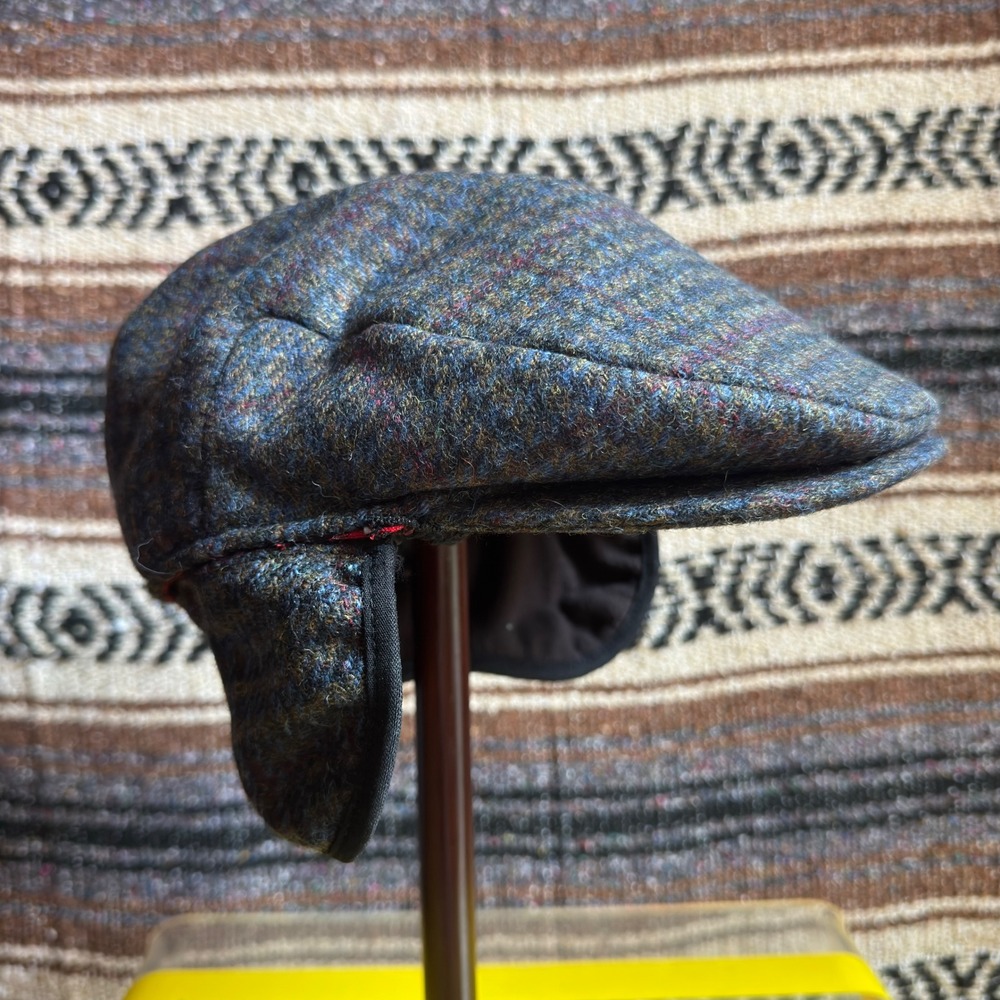 NWT Woolrich Flat Cap Mens M Dark Gray Tweed Ear Flaps Buffalo Plaid Lining